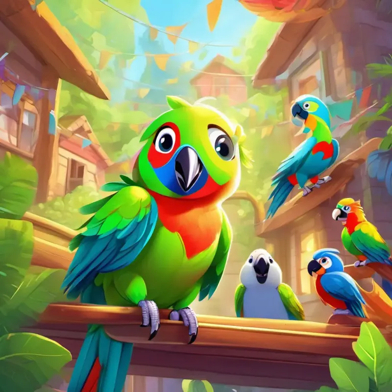 A colorful parrot with bright green feathers and a big, beaming smile and her friends enjoy fun activities at Sunshine Daycare with the teachers.
