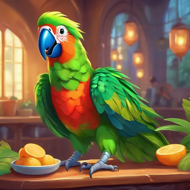 A colorful parrot with bright green feathers and a big, beaming smile learns the importance of sharing at snack time with her friends.