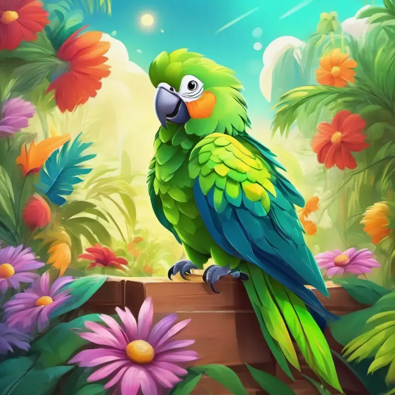 A colorful parrot with bright green feathers and a big, beaming smile and friends have fun playing in the garden at Sunshine Daycare.