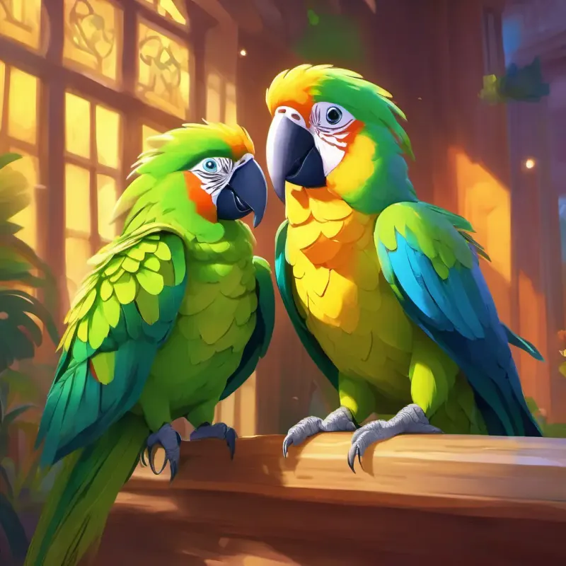 A colorful parrot with bright green feathers and a big, beaming smile receives comforting support from her teacher, A kind teacher with a bright yellow dress and a warm smile, when feeling shy.