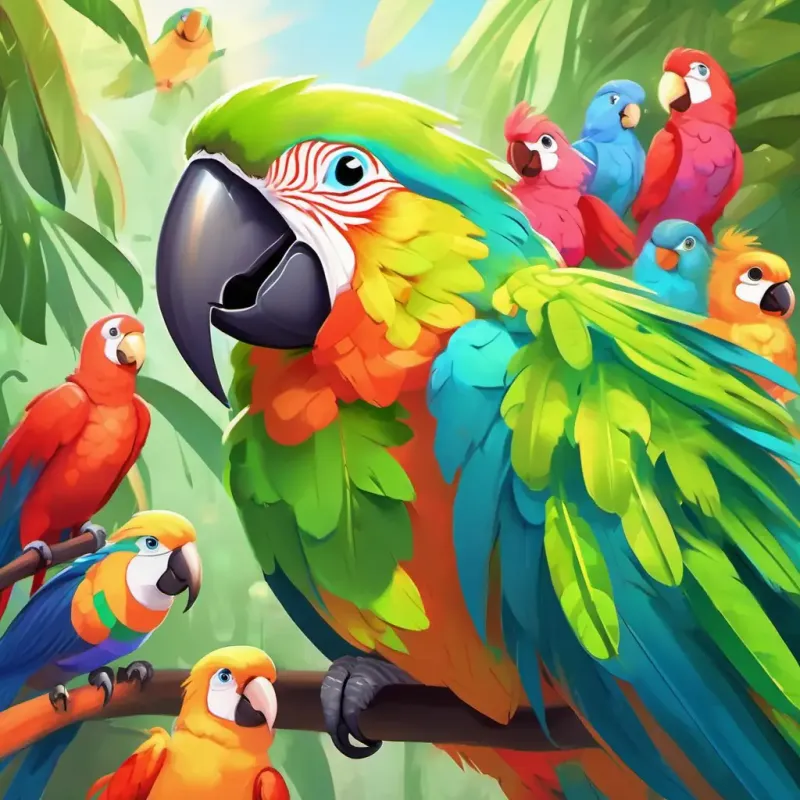 A colorful parrot with bright green feathers and a big, beaming smile and her friends say goodbye, excited to play again tomorrow at Sunshine Daycare.