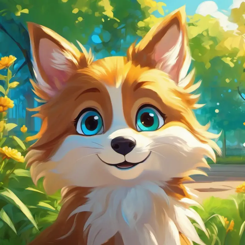 City park, Cheerful, with brown hair and bright blue eyes and Friendly, with golden fur and kind green eyes, cheerful and curious, sunny day