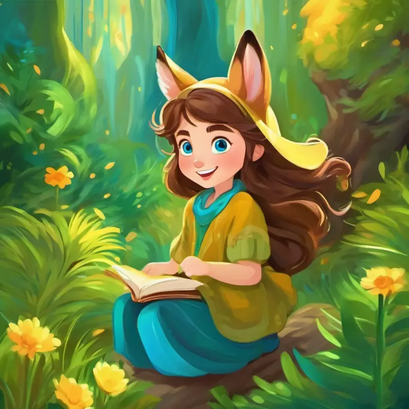 Magical land, Cheerful, with brown hair and bright blue eyes and Friendly, with golden fur and kind green eyes, amazed and excited, vibrant colors