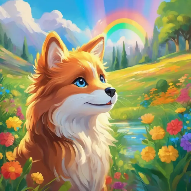 Painting rainbow, Cheerful, with brown hair and bright blue eyes and Friendly, with golden fur and kind green eyes, joyful and colorful, happy setting