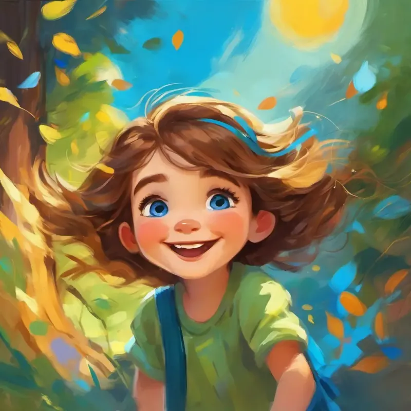 Giggling and laughing, Cheerful, with brown hair and bright blue eyes and Friendly, with golden fur and kind green eyes, colorful and messy, playful mood