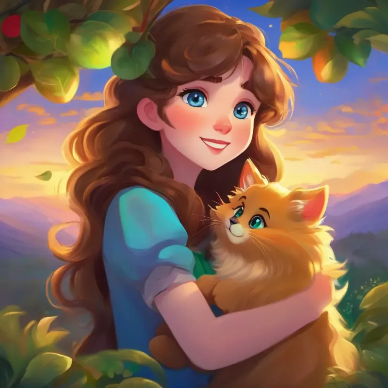 Dusk, holding apple, Cheerful, with brown hair and bright blue eyes and Friendly, with golden fur and kind green eyes, peaceful and amazed, beautiful evening