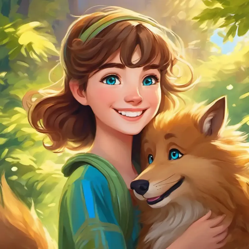 Smiling, saying goodbye, colorful adventures, Cheerful, with brown hair and bright blue eyes and Friendly, with golden fur and kind green eyes