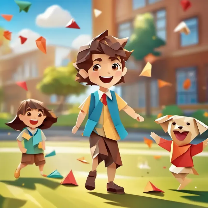 Brave boy, with brown hair, big brown eyes, and a big smile playing in the schoolyard with other children, sunny day