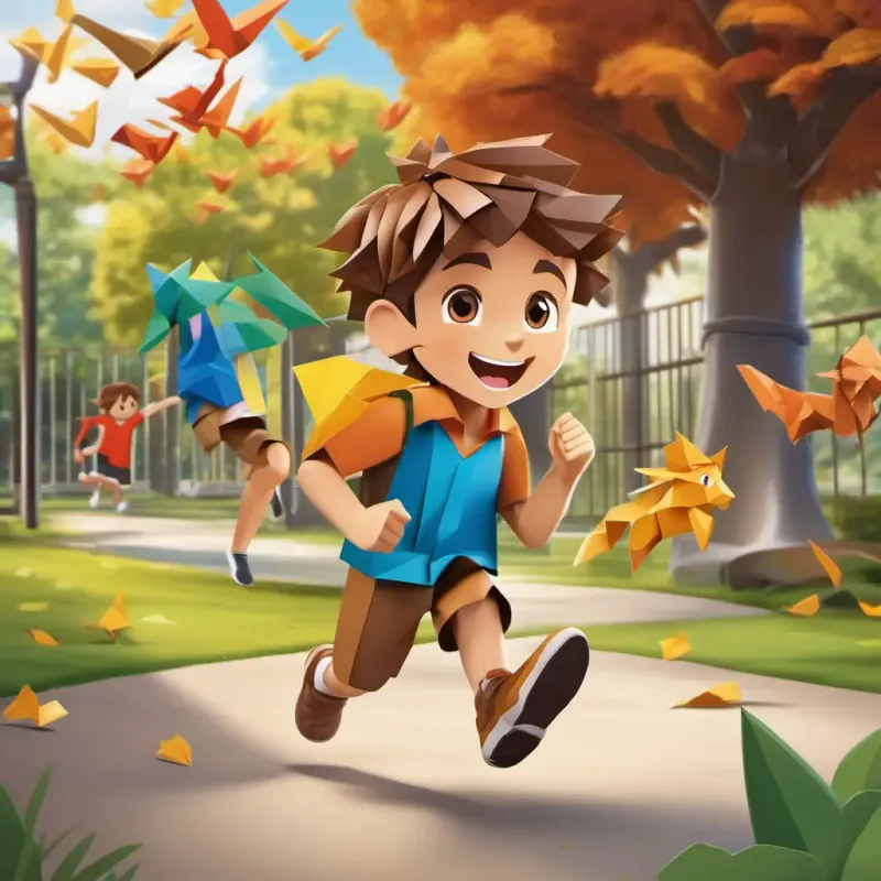 Brave boy, with brown hair, big brown eyes, and a big smile running over to help the little buddy, determined expression, schoolyard setting