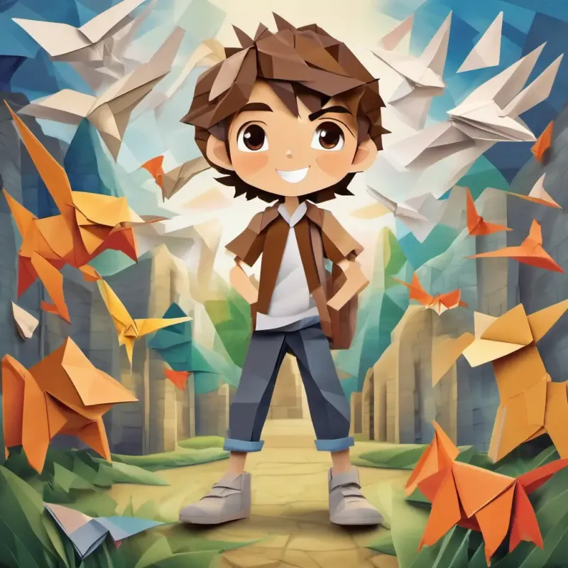 Brave boy, with brown hair, big brown eyes, and a big smile standing strong, using a loud voice to make the bullies back off, schoolyard setting