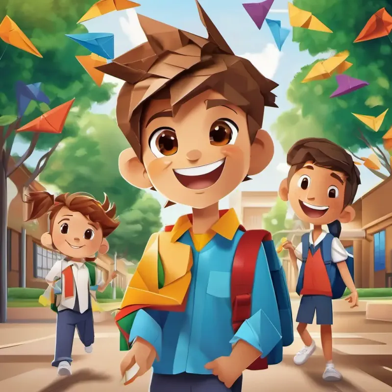 Bullies backing away, Brave boy, with brown hair, big brown eyes, and a big smile and his buddy smiling happily, schoolyard setting
