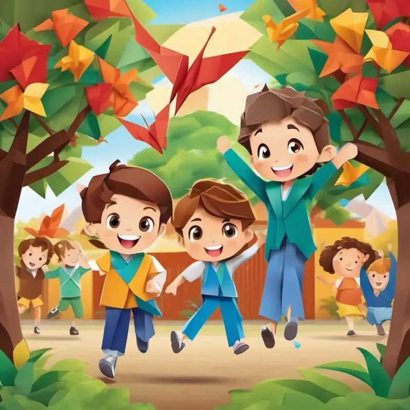 Brave boy, with brown hair, big brown eyes, and a big smile and his buddy playing happily, schoolyard setting, children cheering
