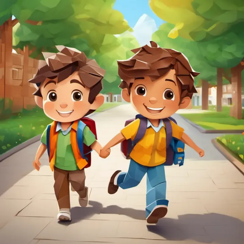 Brave boy, with brown hair, big brown eyes, and a big smile and his buddy walking together, schoolyard setting, happy children around them