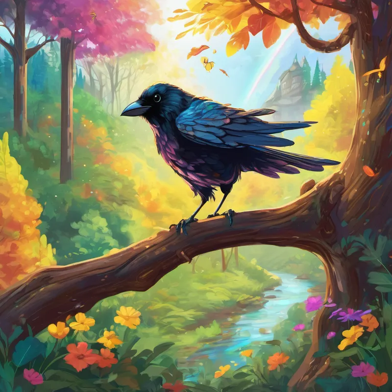 Once upon a time, there was a clever little crow named Charlie who lived in a cozy nest atop an old, tall tree. Charlie was always filled with curiosity and loved to explore the world around him. One sunny day, while perched on a branch, he spotted a shimmering rainbow in the distance. Intrigued by the beautiful colors, Charlie spread his wings and flew towards the dazzling rainbow. As he got closer, something magical happened. Without warning, Charlie found himself in a forest unlike any he had ever seen before. It was the enchanted Magic Forest!
