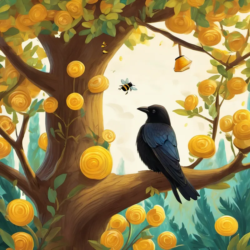 The determined crow then flew to the letter B tree, where he discovered a cozy beehive nestled in its branches. Charlie watched as the busy bees zoomed in and out, making sweet golden honey. Curiosity sparked within Charlie, and he learned all about bees and the letter "B." Encouraged by his success, Charlie continued his adventure, finding treasures at each lettered tree. He learned about cats and colors, dolphins and delicious donuts, and even encountered magical elves who shared their secrets of the forest.