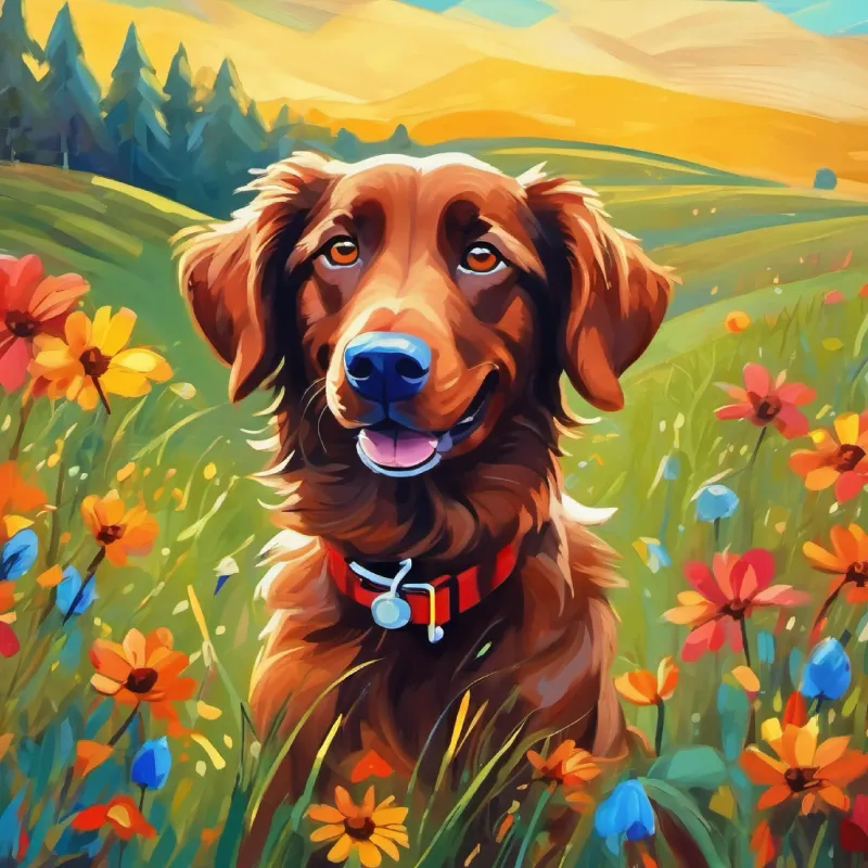 A playful brown dog with bright, inquisitive eyes wakes in a vibrant meadow, eager for fun.