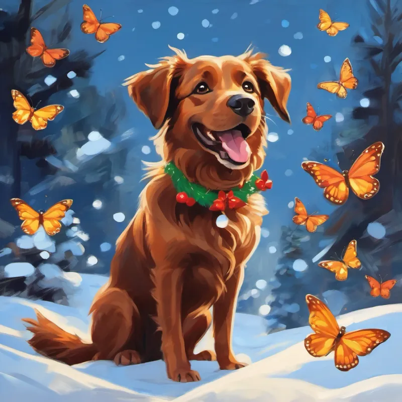 Excited A playful brown dog with bright, inquisitive eyes observes butterflies, feeling joyful.