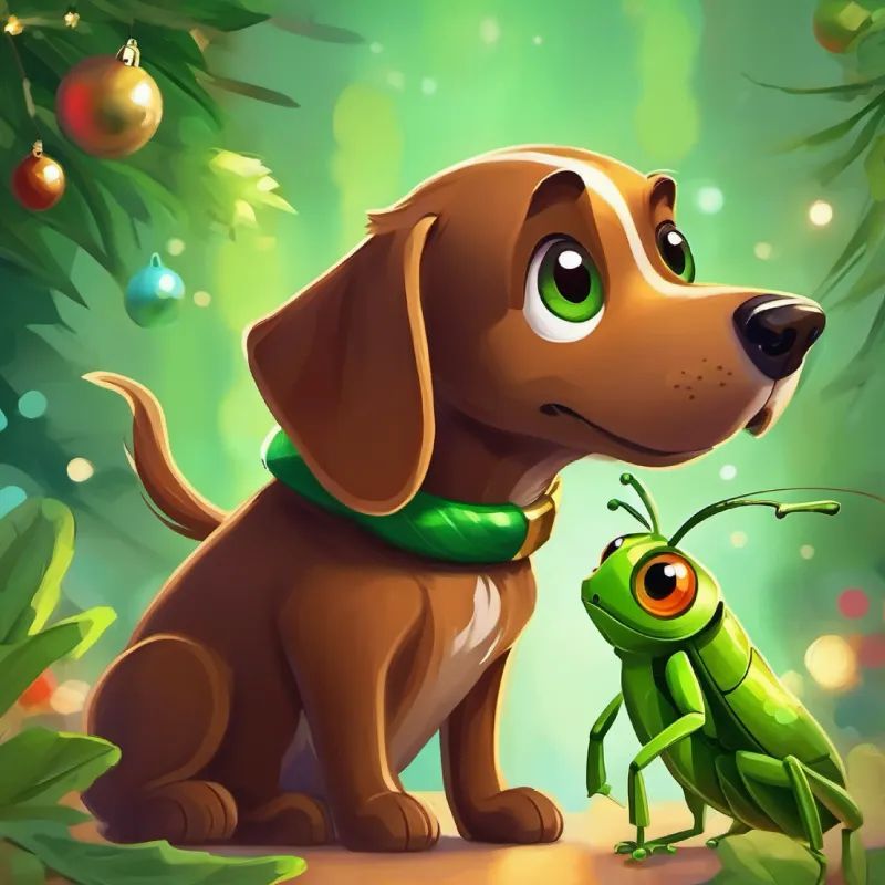 A playful brown dog with bright, inquisitive eyes and A small, adventurous green grasshopper with curious antennae share stories, feeling happy and grateful.