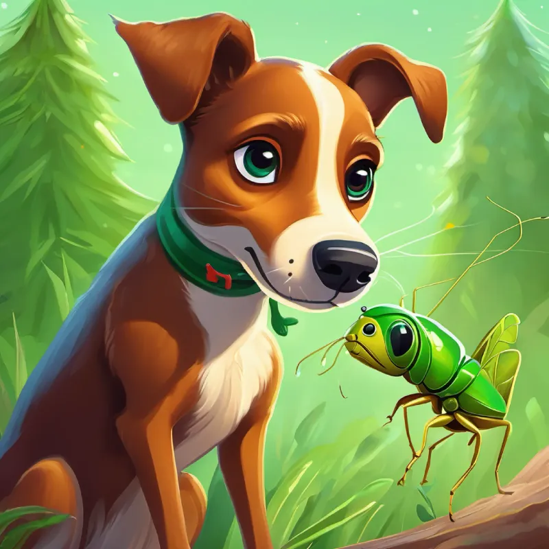 A playful brown dog with bright, inquisitive eyes notices A small, adventurous green grasshopper with curious antennae hopping and introduces himself.