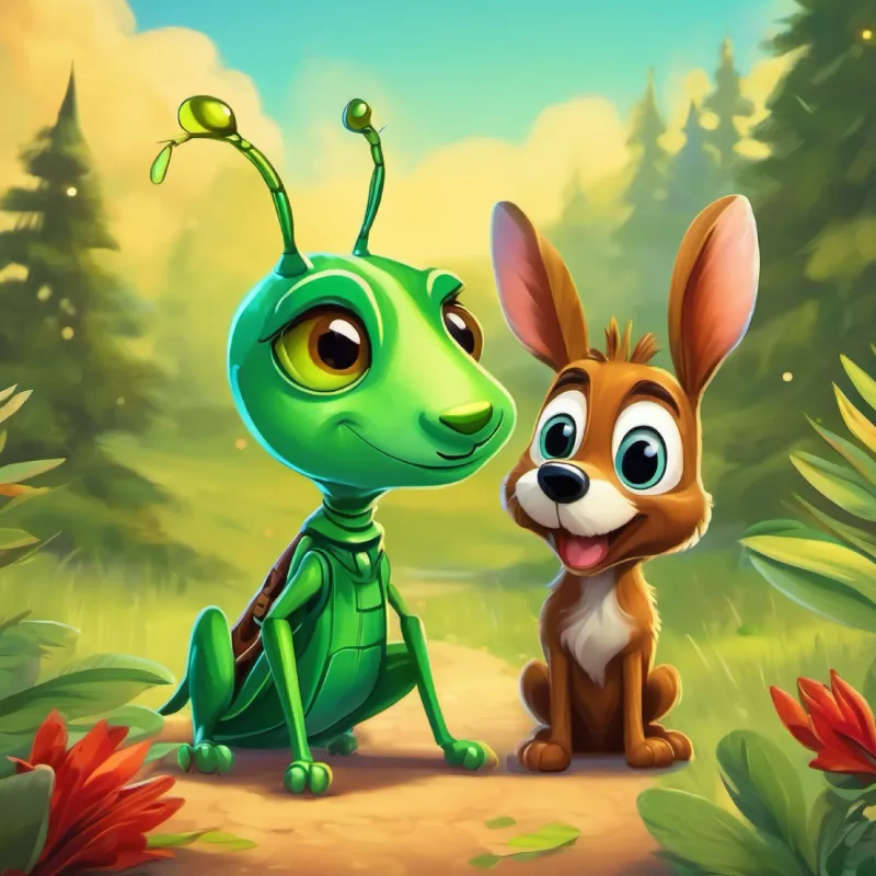 A small, adventurous green grasshopper with curious antennae introduces herself and invites A playful brown dog with bright, inquisitive eyes for an adventure.