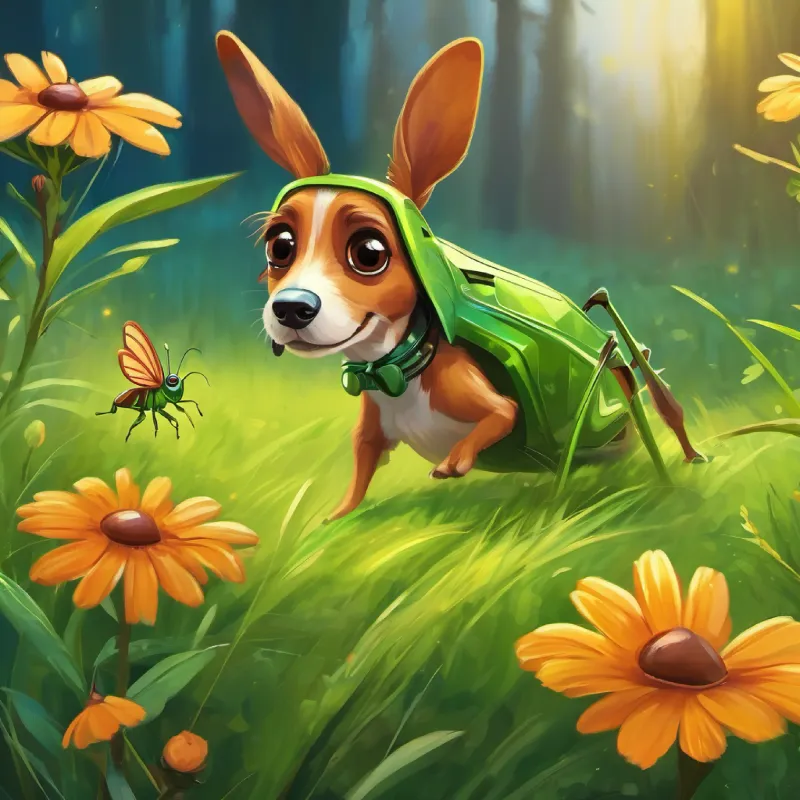 A small, adventurous green grasshopper with curious antennae guides A playful brown dog with bright, inquisitive eyes to a hidden, flower-filled part of the meadow.