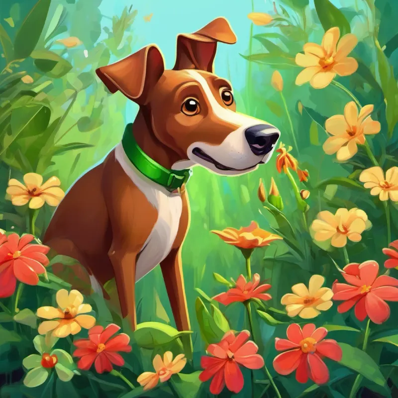 A playful brown dog with bright, inquisitive eyes smells flowers and learns something new from A small, adventurous green grasshopper with curious antennae.