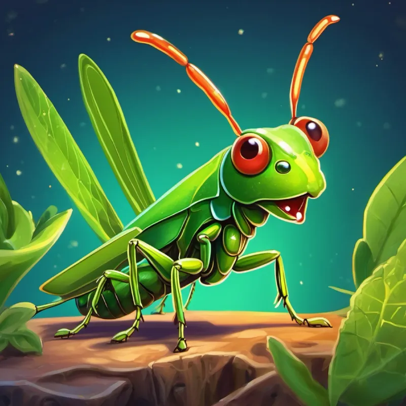 A small, adventurous green grasshopper with curious antennae explains ants' teamwork, relating it to their friendship.