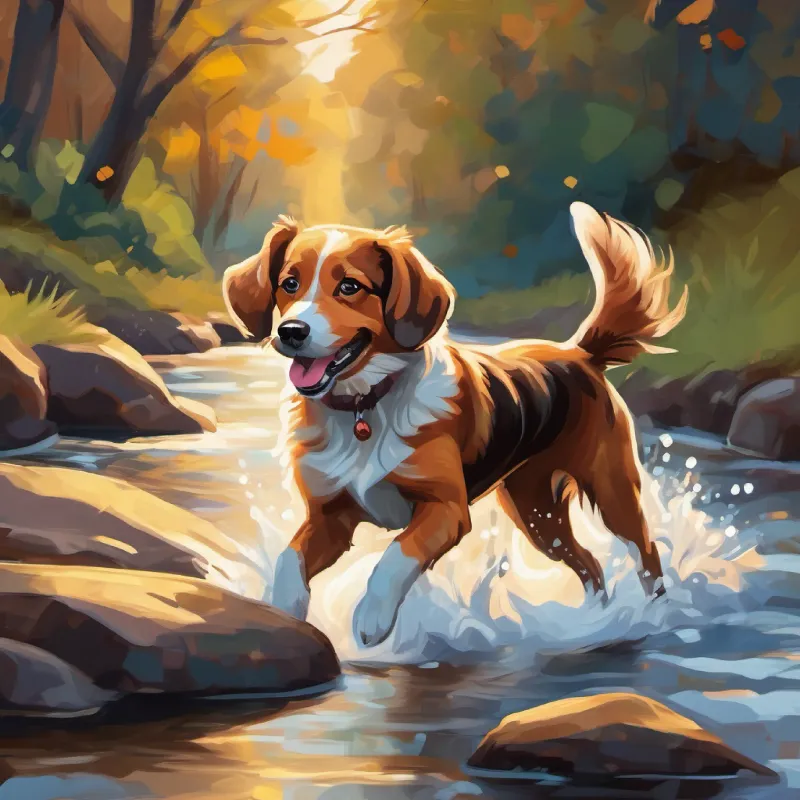 A playful brown dog with bright, inquisitive eyes jumps into a stream, playing cheerfully.