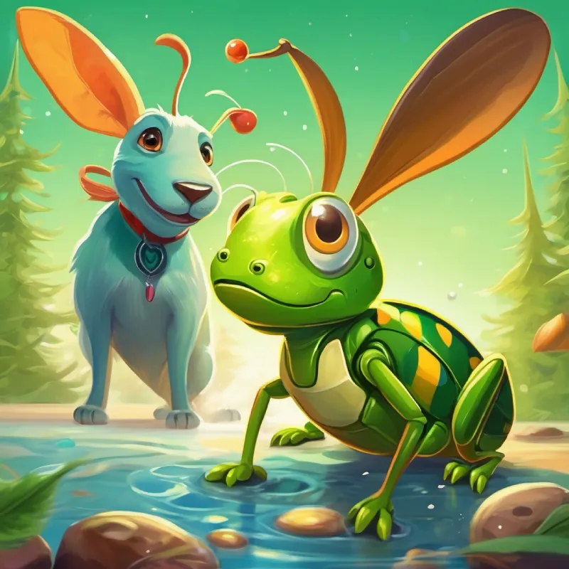 A small, adventurous green grasshopper with curious antennae watches A playful brown dog with bright, inquisitive eyes splash, recognizing his love for water.