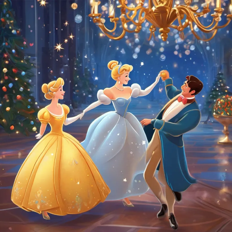 Cinderella enjoys the ball and dances with the prince.