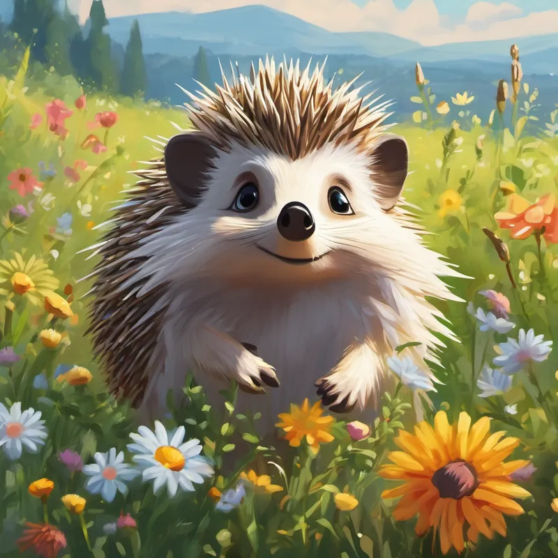 Harold the Hedgehog, a small, spiky creature in the meadow, sniffing flowers happily
