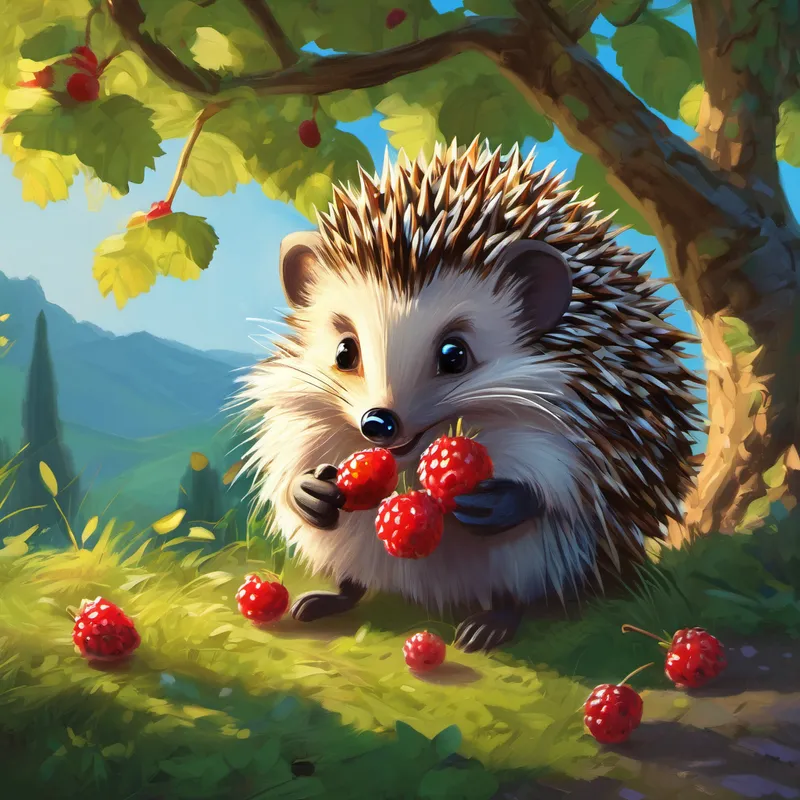 Harold the Hedgehog, a small, spiky creature eating delicious berries under a tree