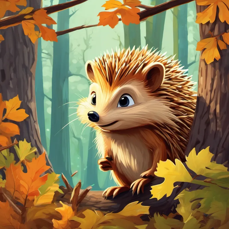 Harold the Hedgehog, a small, spiky creature playing hide-and-seek with squirrels in the trees