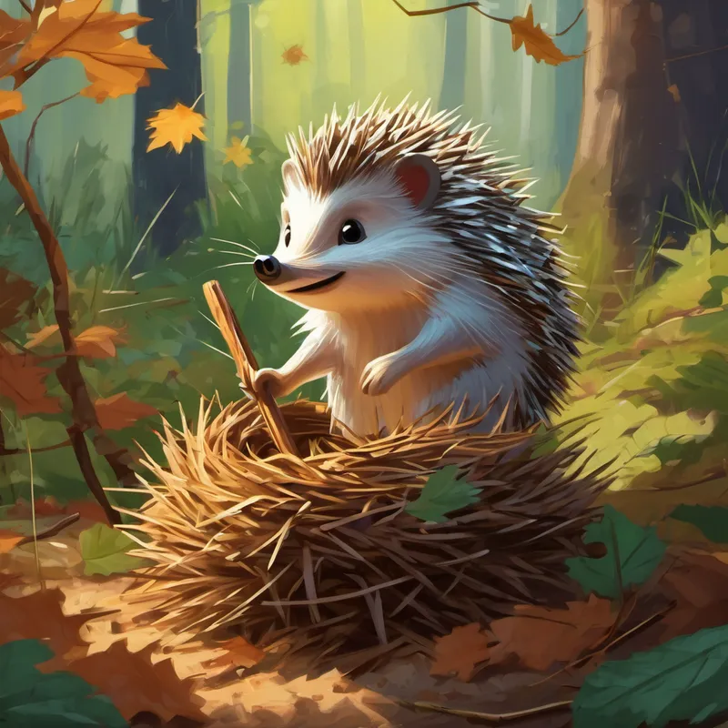 Harold the Hedgehog, a small, spiky creature building a nest with sticks and leaves