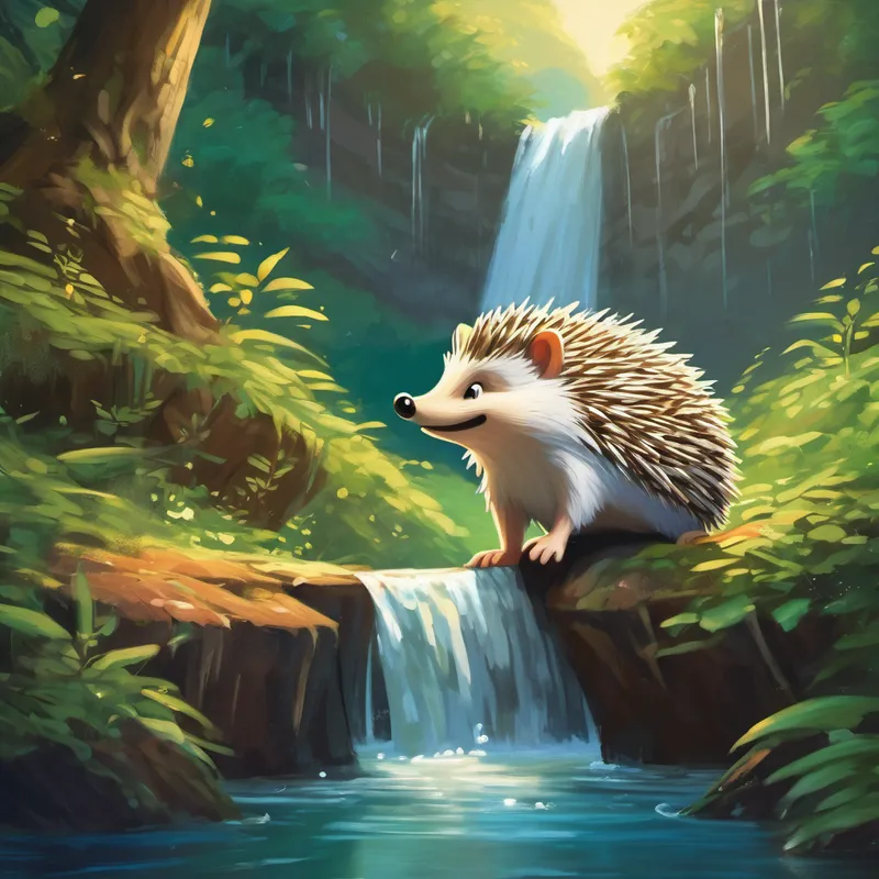 Harold the Hedgehog, a small, spiky creature amazed at the beautiful secret waterfall