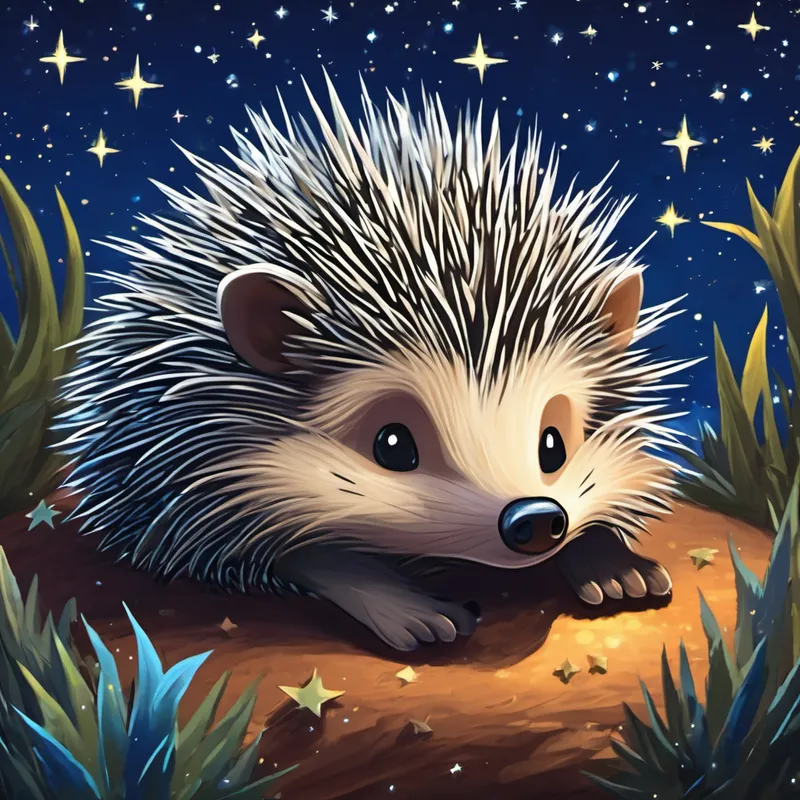 Harold the Hedgehog, a small, spiky creature sleeping peacefully under a starry sky