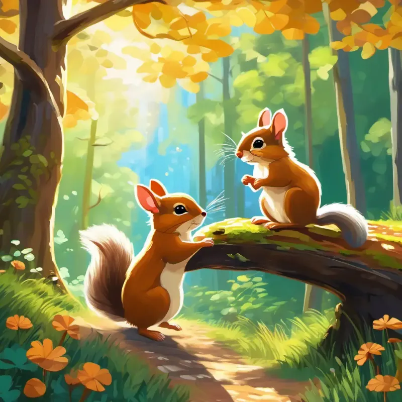 Woodland scene with a mouse and squirrel playing in the sunshine.