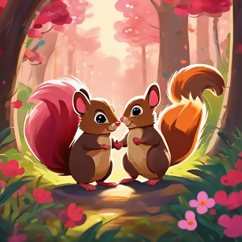 Small brown mouse, bright eyes, pink nose, happy smile and Furry red-brown squirrel, bushy tail, friendly eyes holding hands as they venture into a colorful forest.