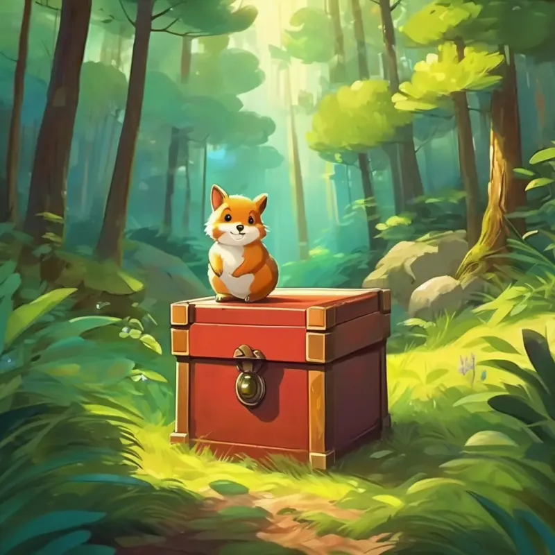Cute animals find a shiny, inviting box within the forest.