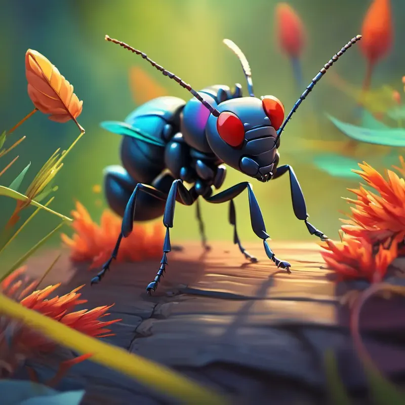 Tiny ant offering colorful needles in a sly manner.