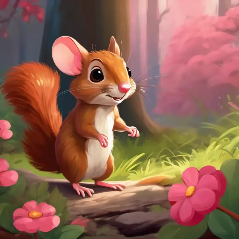 Small brown mouse, bright eyes, pink nose, happy smile and Furry red-brown squirrel, bushy tail, friendly eyes firmly saying 'No' to the ant, looking determined and smart.