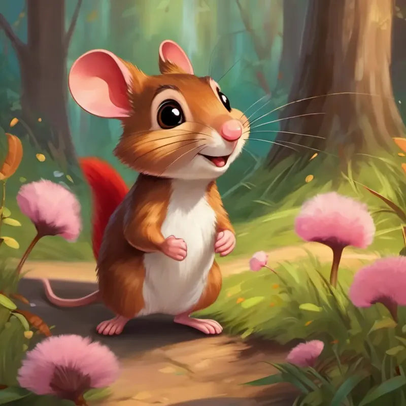 Small brown mouse, bright eyes, pink nose, happy smile and Furry red-brown squirrel, bushy tail, friendly eyes happily skipping back home, telling other animals about their adventure.