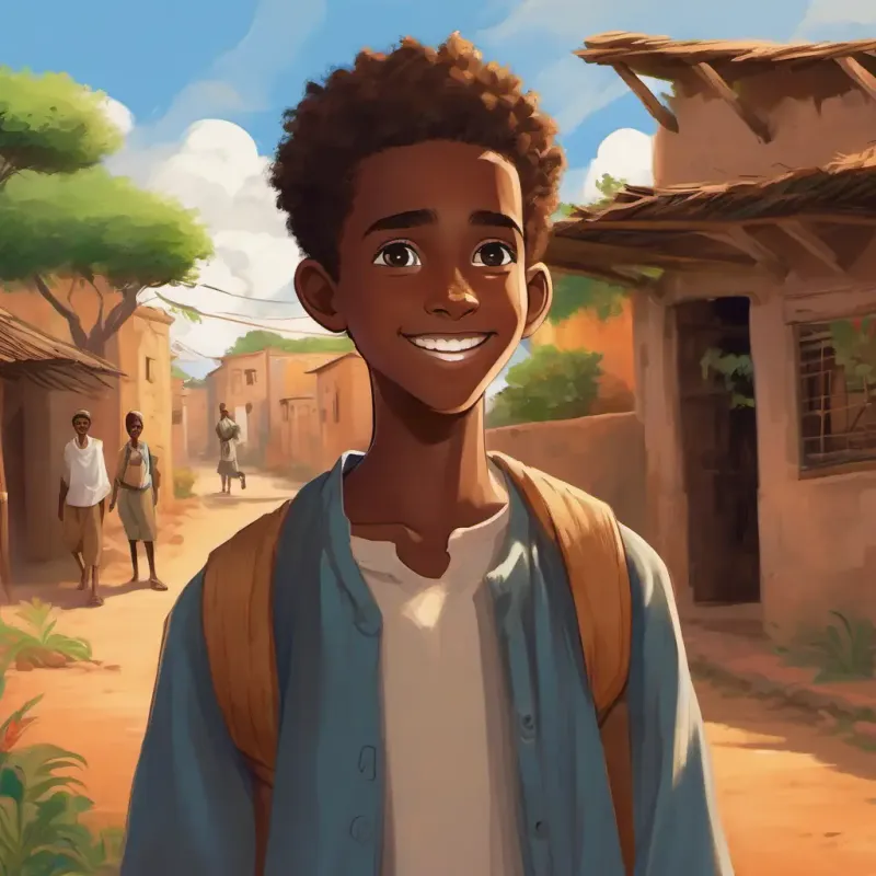 The text describes the setting of the story, which is a small village in Somalia, and introduces the main character, Teenage Somali boy with dark skin, brown eyes, and a cheerful smile, who is a teenage boy.
