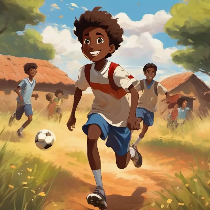 The text describes the location, which is a dusty field outside the village, and depicts Teenage Somali boy with dark skin, brown eyes, and a cheerful smile playing soccer with his friends.