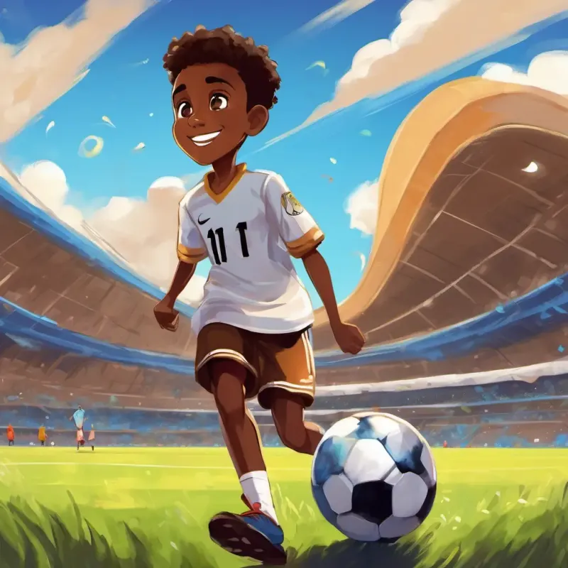 The text highlights Teenage Somali boy with dark skin, brown eyes, and a cheerful smile's skills and aspirations, emphasizing his talent and dream of becoming a famous soccer star.
