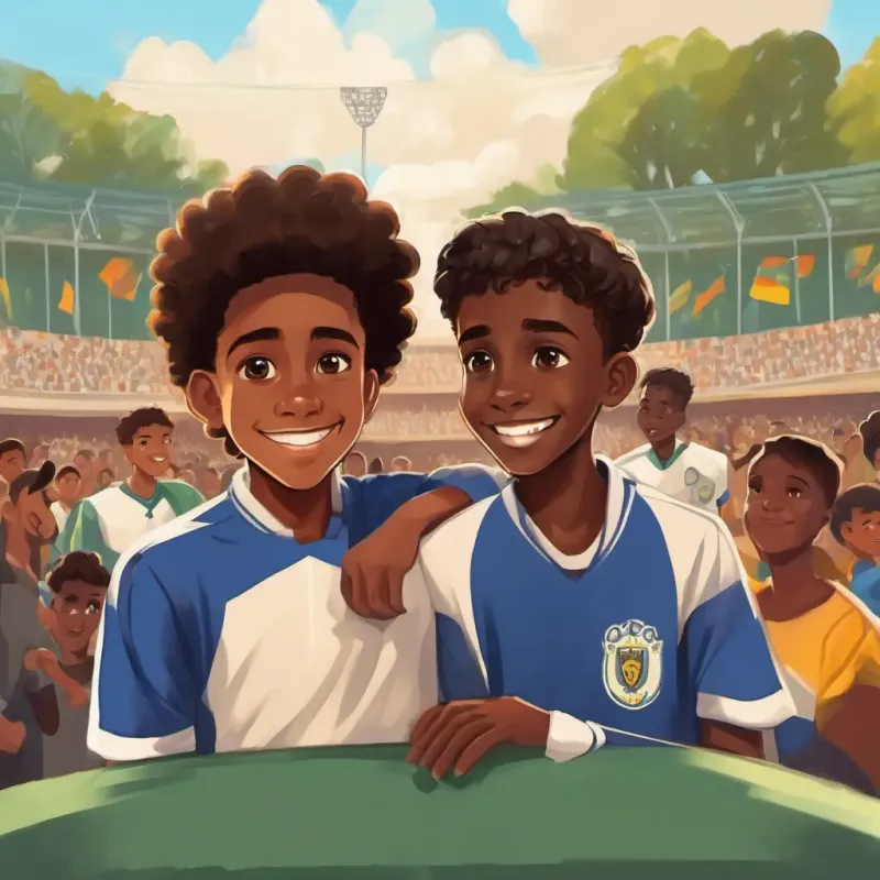 The text introduces Teenage Somali boy with dark skin, brown eyes, and a cheerful smile's parents, who support and cheer for him during his soccer games, showing their pride and admiration.