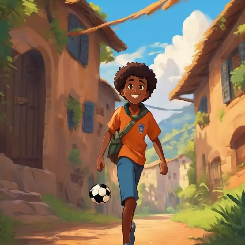 The text introduces a scout from a famous soccer team, who comes to watch Teenage Somali boy with dark skin, brown eyes, and a cheerful smile play and becomes impressed with his skills.