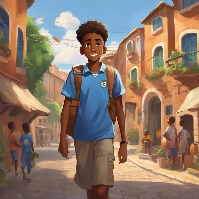 The text describes how Teenage Somali boy with dark skin, brown eyes, and a cheerful smile's dream comes true as he is offered a spot on the soccer team and travels to the city to join them, aiming to make his village proud.