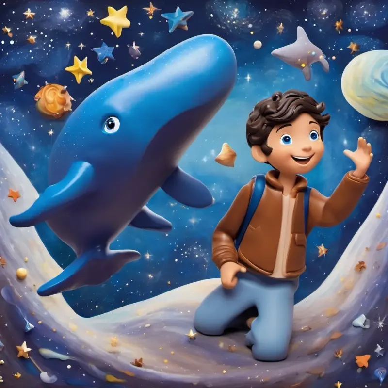 Hobbes and the space whale are surrounded by swirling galaxies and twinkling stars. The space whale's joyful honk echoes through the vast expanse of space.