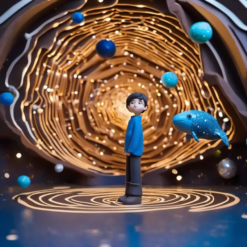 Hobbes is standing in the center of a shimmering labyrinth, the walls adorned with sparkling constellations. The space whale hovers nearby, emitting a contented purr as its eyes gleam with admiration.